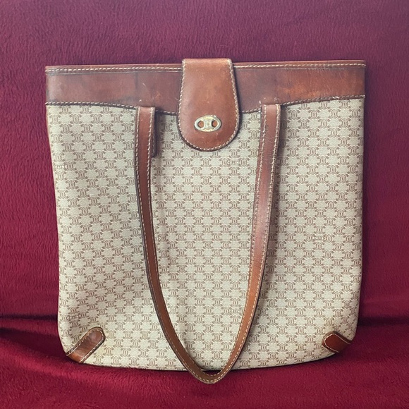 Celine Brown and Cream Patterned Tote Handbag / Purse with Brass Accent - Picture 7 of 10